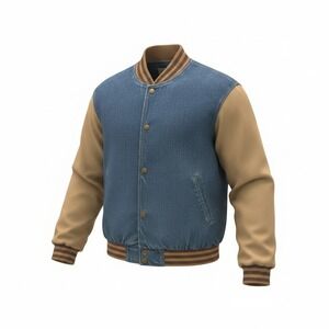 Vintage Yukon Trail Mens XL Denim Varsity Bomber Jacket Tan Sleeves Quilted